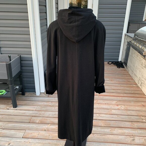 Vintage 90s Double Breasted Hooded Wool Velvet Trim Long Maxi Pea Coat Overcoat - Picture 7 of 15